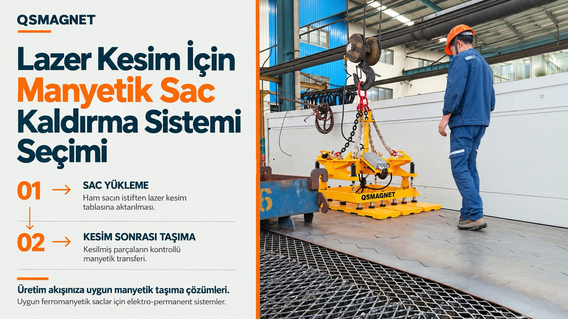 QSMAGNET manyetik travers ile lazer kesim tablasında sac yükleme ve kesim sonrası taşıma
