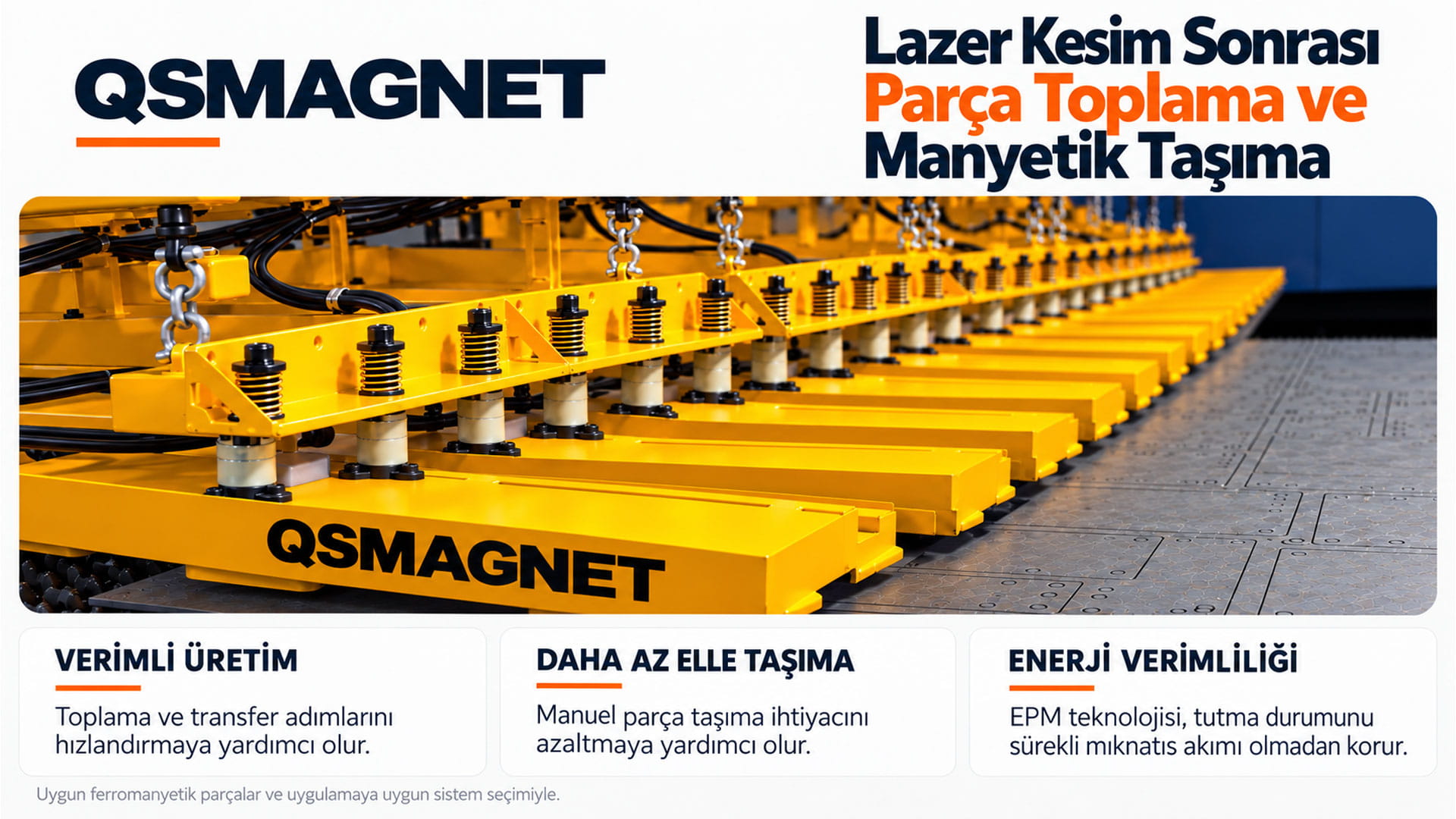 QSMAGNET çoklu manyetik modüllü travers ile lazer kesim sonrası parça toplama