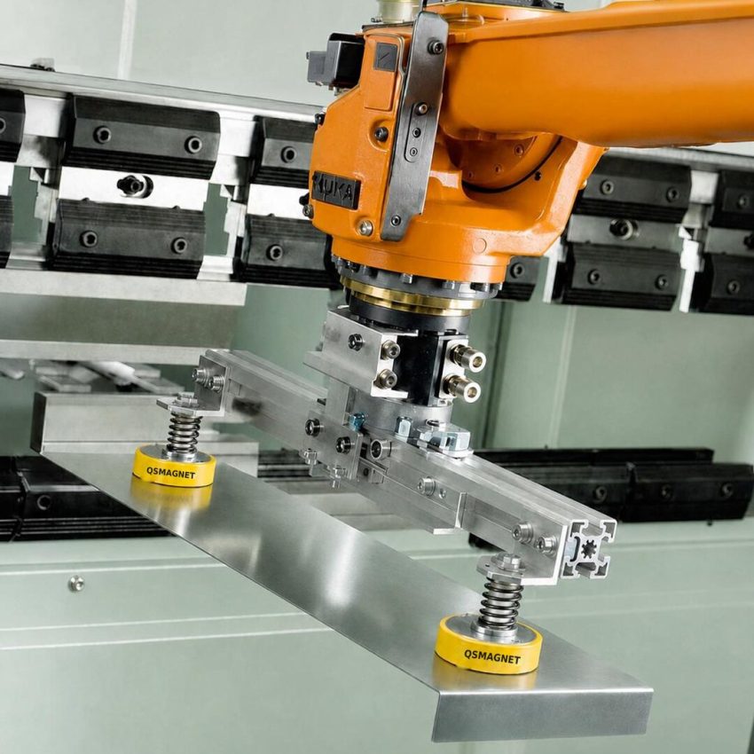 Robot koluna entegre manyetik tutucularla bükümlü sac parçaların taşınması.